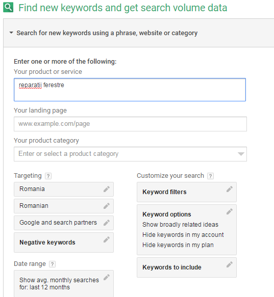 keyword planner search